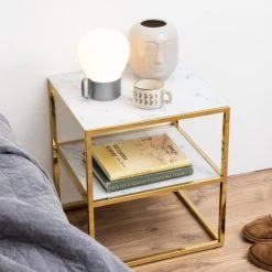 Bijzettafel Anika 45x40cm 1 Legplank - Wit Marmer/ Goud
