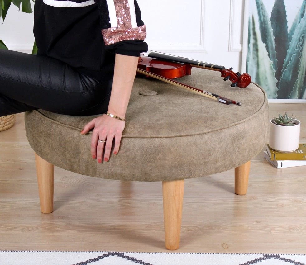 Fluffe Poef | 50% Katoen/50% Fluweel | 15cm Spons | Houten Poten 3 Fluffe Poef | 50% Katoen/50% Fluweel | 15cm Spons | Houten Poten - Afbeelding 3