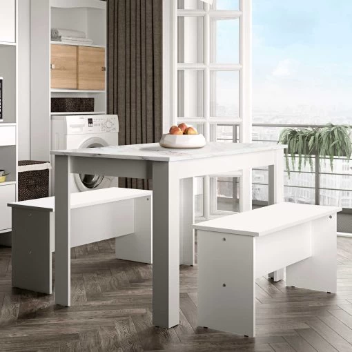 Eettafel Nice Met Banken - Wit/marmer -Collectie Woonkamermeubels 2281A2145X00 Nice with benches white and white marble melamine 1 e7d6