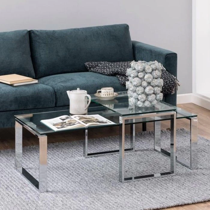 Set Van 2 Salontafels Nicola Met Glazen Blad - Grijs 1 Set Van 2 Salontafels Nicola Met Glazen Blad - Grijs