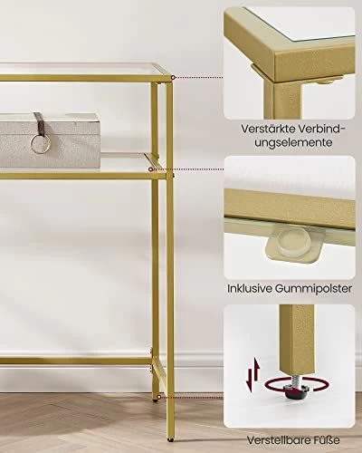 Gouden Console Tafel - Modern 2 Planken Gehard Glas Met/Metalen Frame En Verstelbare Voeten 5 Gouden Console Tafel - Modern 2 Planken Gehard Glas Met/Metalen Frame En Verstelbare Voeten - Afbeelding 5