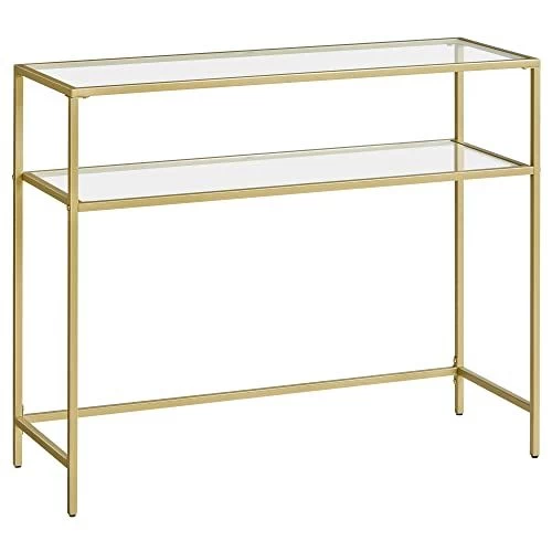 Gouden Console Tafel - Modern 2 Planken Gehard Glas Met/Metalen Frame En Verstelbare Voeten 7 Gouden Console Tafel - Modern 2 Planken Gehard Glas Met/Metalen Frame En Verstelbare Voeten - Afbeelding 7