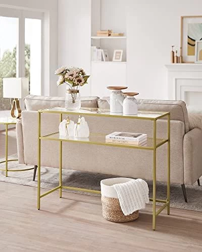 Gouden Console Tafel - Modern 2 Planken Gehard Glas Met/Metalen Frame En Verstelbare Voeten 3 Gouden Console Tafel - Modern 2 Planken Gehard Glas Met/Metalen Frame En Verstelbare Voeten - Afbeelding 3