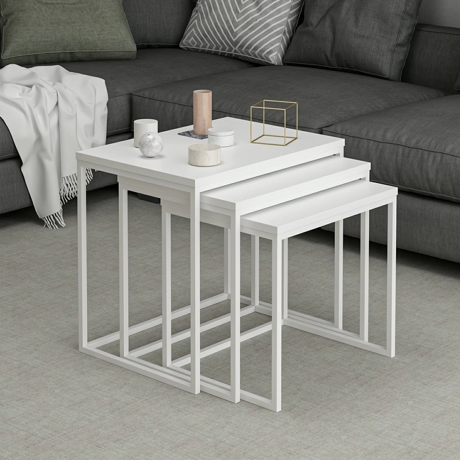 Woody Fashion Nesting Table Set - 3-Delig | Melamine Gecoat | Metalen Frame | Wit 1 Woody Fashion Nesting Table Set - 3-Delig | Melamine Gecoat | Metalen Frame | Wit