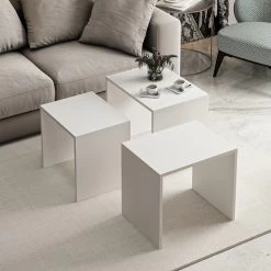 Modieuze Woody Nesting Table Set: 3P, Melamine Gecoat, Wit -Collectie Woonkamermeubels 506MNR1214 20 204 a795