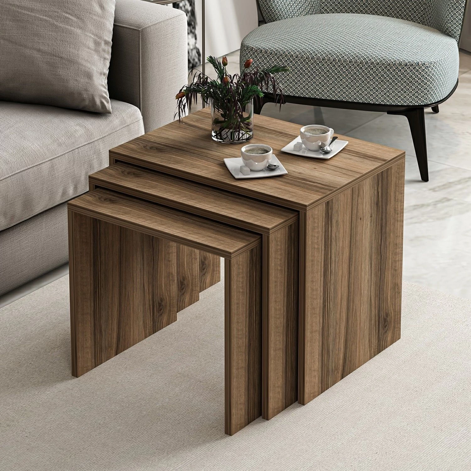 Woody Fashion Nesting Tables (3 Stuks) | 100% Melamine | Walnoot 1 Woody Fashion Nesting Tables (3 Stuks) | 100% Melamine | Walnoot
