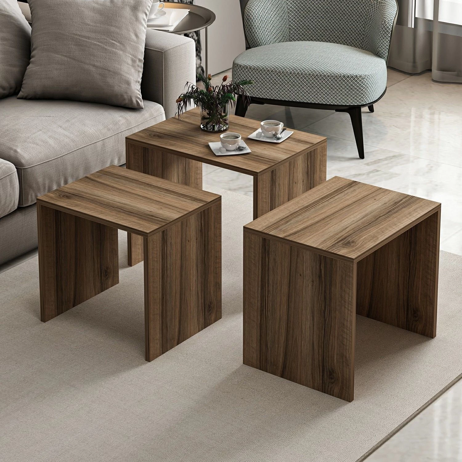 Woody Fashion Nesting Tables (3 Stuks) | 100% Melamine | Walnoot 8 Woody Fashion Nesting Tables (3 Stuks) | 100% Melamine | Walnoot - Afbeelding 8