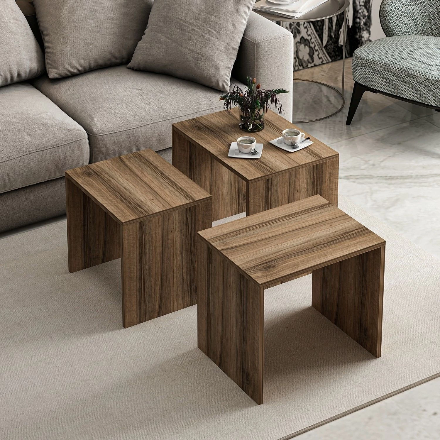 Woody Fashion Nesting Tables (3 Stuks) | 100% Melamine | Walnoot 6 Woody Fashion Nesting Tables (3 Stuks) | 100% Melamine | Walnoot - Afbeelding 6