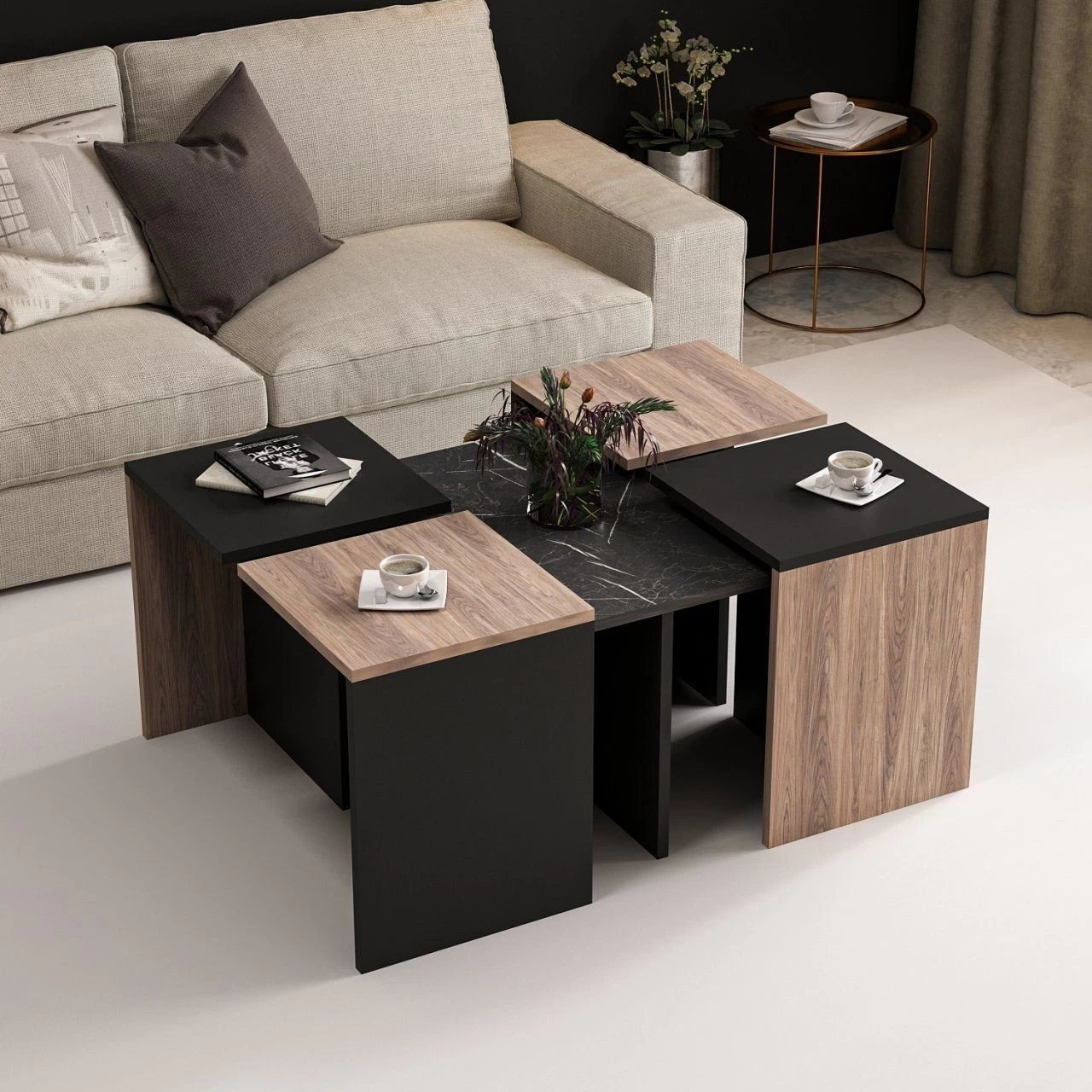 WoodyFashion Nesting Table Set | 5Pcs | Melamine Gecoat |18mm | 60x42x60cm | 35x47x35cm | Eiken Zwart 1 WoodyFashion Nesting Table Set | 5Pcs | Melamine Gecoat |18mm | 60x42x60cm | 35x47x35cm | Eiken Zwart