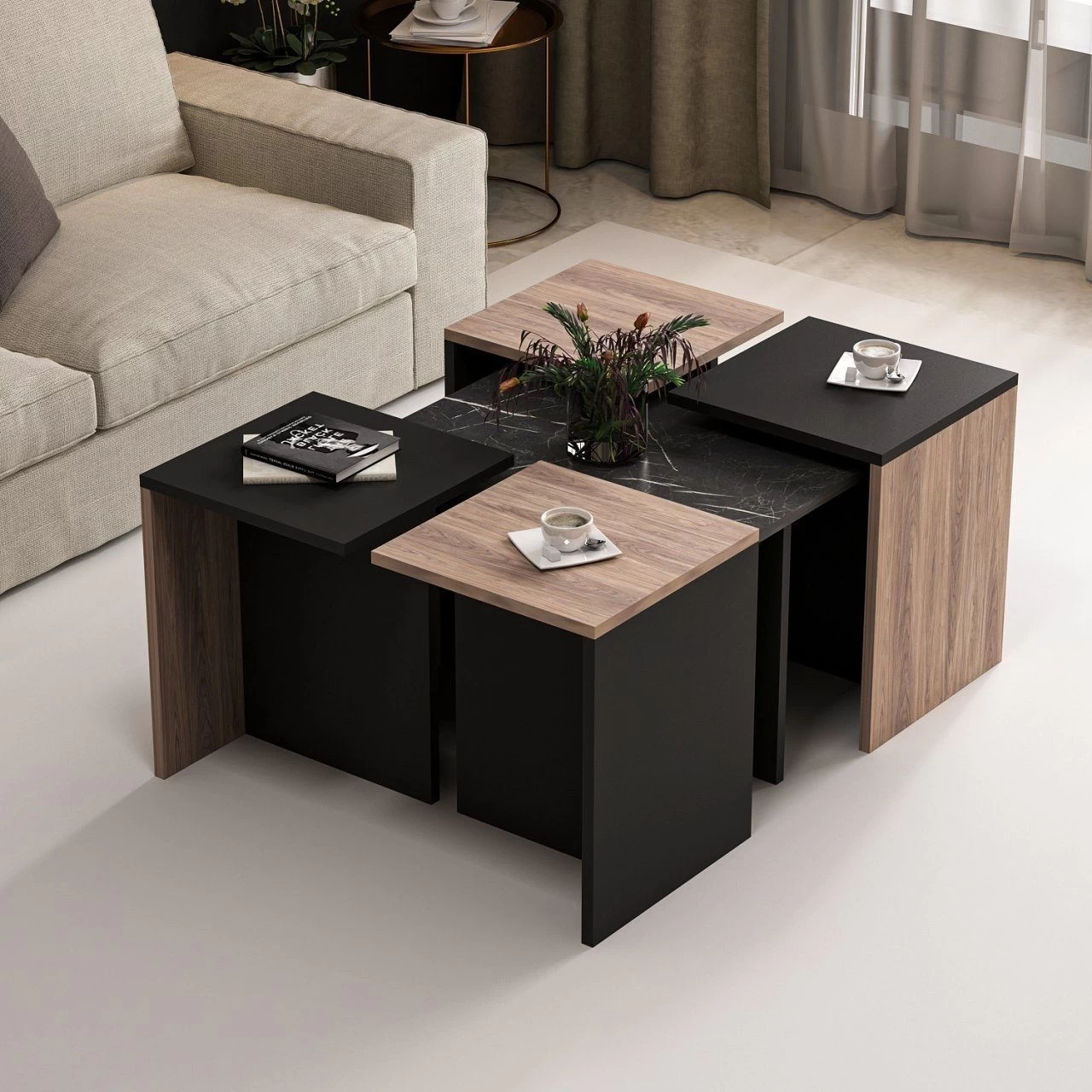 WoodyFashion Nesting Table Set | 5Pcs | Melamine Gecoat |18mm | 60x42x60cm | 35x47x35cm | Eiken Zwart 8 WoodyFashion Nesting Table Set | 5Pcs | Melamine Gecoat |18mm | 60x42x60cm | 35x47x35cm | Eiken Zwart - Afbeelding 8