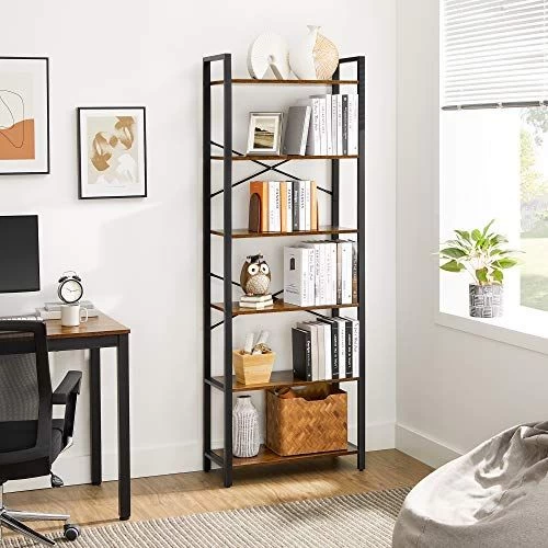 Rustieke Boekenplank 6 Niveaus: 66x30x186cm Stalen Frame 1 Rustieke Boekenplank 6 Niveaus: 66x30x186cm Stalen Frame