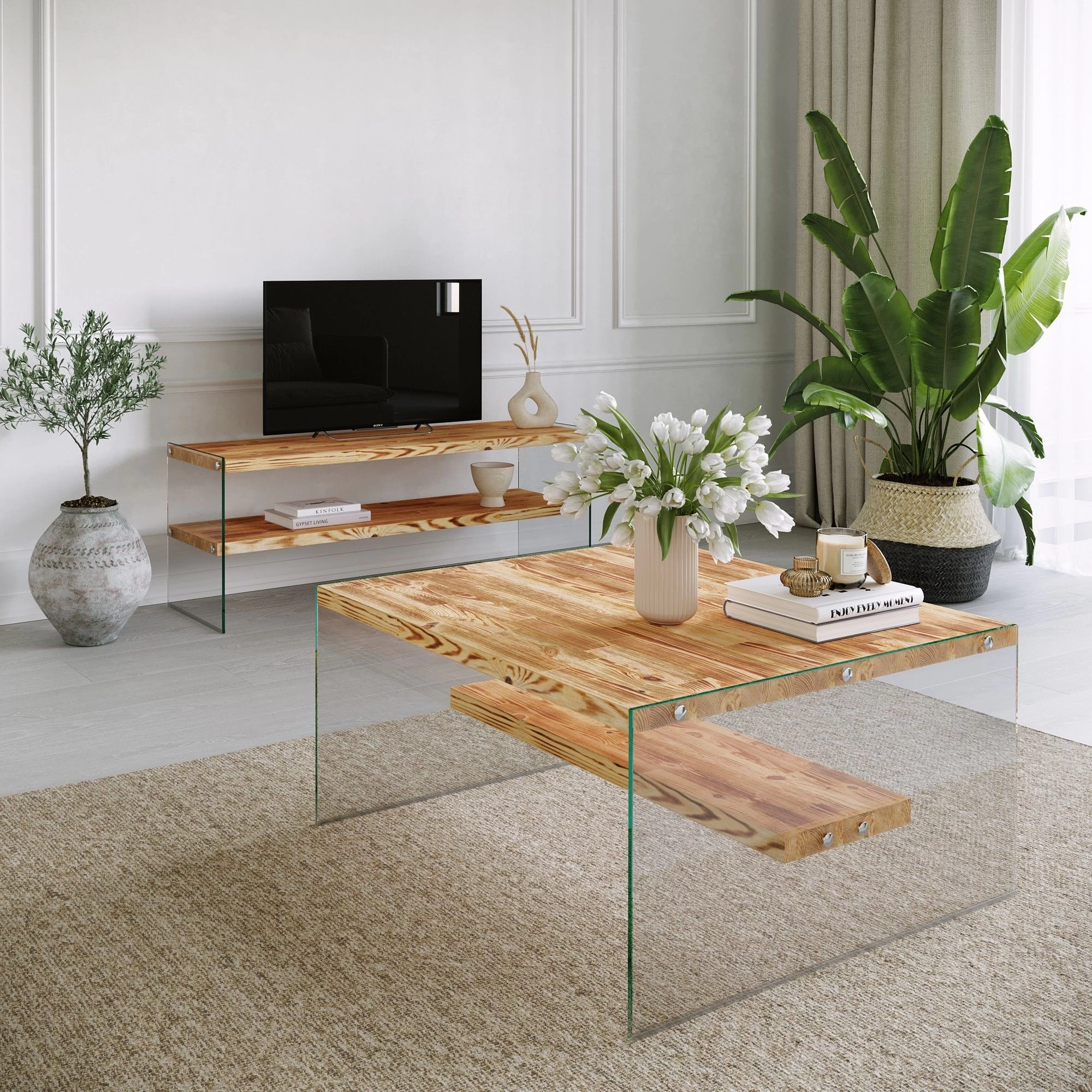 Luxe Locelso Salontafel | 100% Massief Pijnboomhout | 100% Gehard Glazen Poot | Milieuvriendelijk | Eikenkleur 6 Luxe Locelso Salontafel | 100% Massief Pijnboomhout | 100% Gehard Glazen Poot | Milieuvriendelijk | Eikenkleur - Afbeelding 6