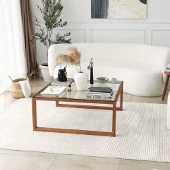 Locelso Salontafel | Gehard Glas En Massief Houten Frame | 90x40x90 Cm | Hout -Collectie Woonkamermeubels 552NOS1441 20 202 fd60