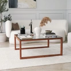 Locelso Salontafel | Gehard Glas En Massief Houten Frame | 90x40x90 Cm | Hout -Collectie Woonkamermeubels 552NOS1441 20 208 b5b5