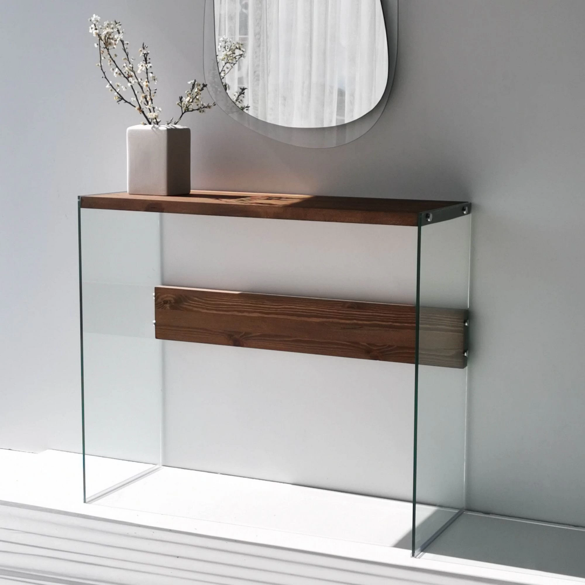 Locelso Commode Van Gehard Glas | Notelaar | 8mm Glas | Massief Grenen Frame 5 Locelso Commode Van Gehard Glas | Notelaar | 8mm Glas | Massief Grenen Frame - Afbeelding 5