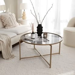 Locelso Salontafel | Gehard Glas | Metalen Frame | 83x40x83 Cm | Goudgeel