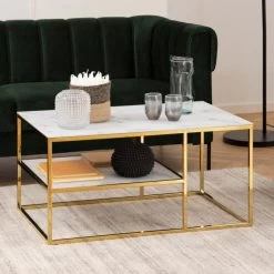 Salontafel Alisma 90x60cm 1 Legplank - Wit Marmer/ Goud