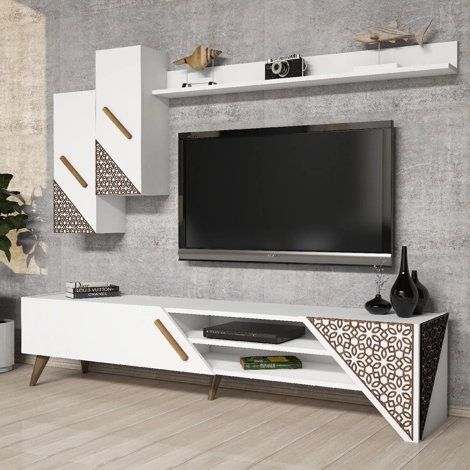 Woody Fashion TV-meubel | 100% Melamine | 18mm Dikte | 4mm CNC Reliëf | Plastic Poten | Wit 1 Woody Fashion TV-meubel | 100% Melamine | 18mm Dikte | 4mm CNC Reliëf | Plastic Poten | Wit