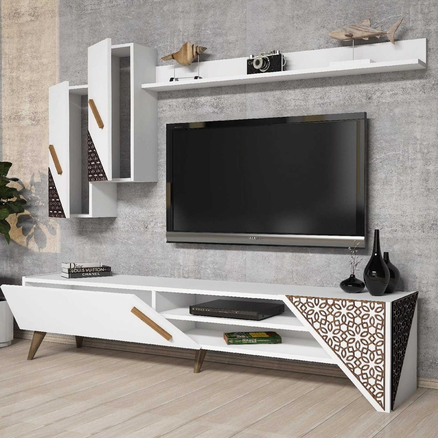 Woody Fashion TV-meubel | 100% Melamine | 18mm Dikte | 4mm CNC Reliëf | Plastic Poten | Wit 4 Woody Fashion TV-meubel | 100% Melamine | 18mm Dikte | 4mm CNC Reliëf | Plastic Poten | Wit - Afbeelding 4