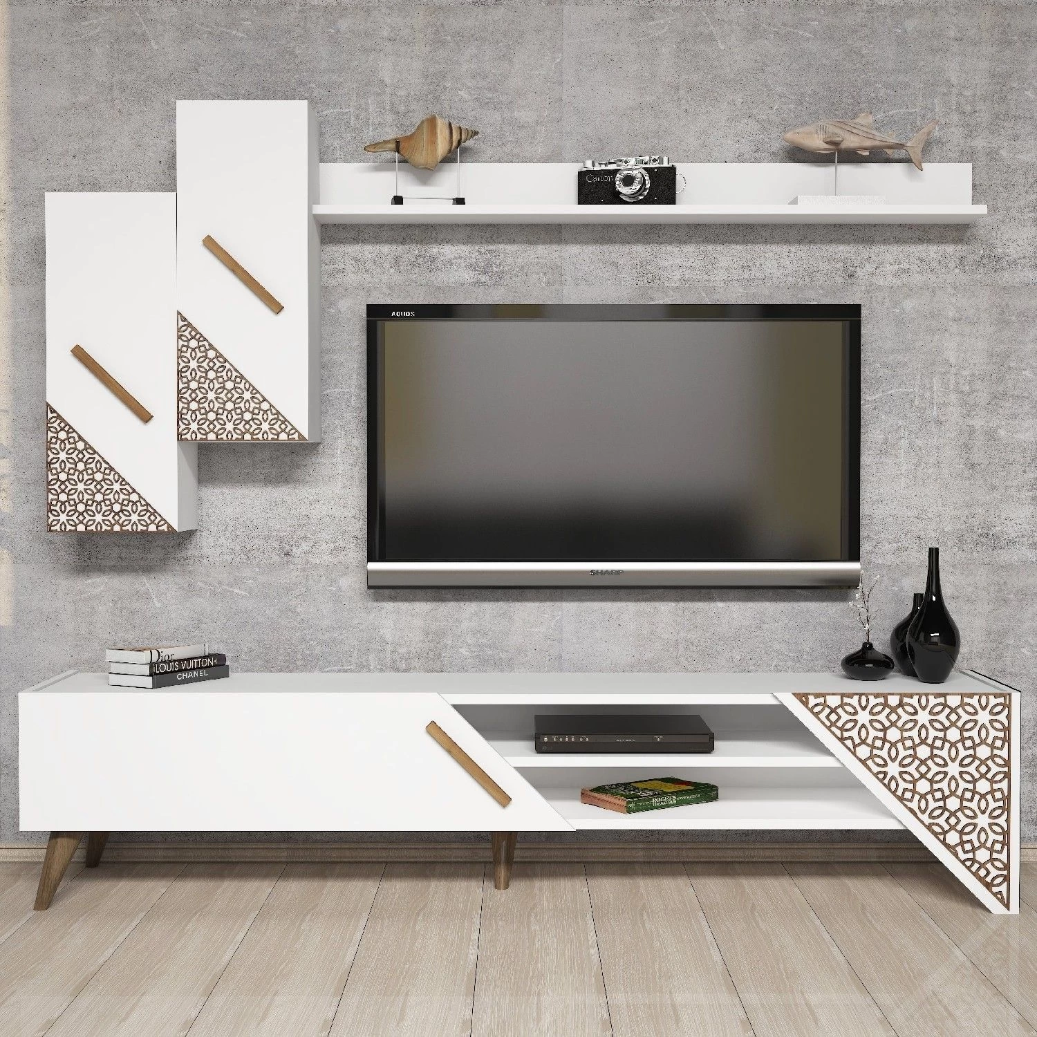 Woody Fashion TV-meubel | 100% Melamine | 18mm Dikte | 4mm CNC Reliëf | Plastic Poten | Wit 5 Woody Fashion TV-meubel | 100% Melamine | 18mm Dikte | 4mm CNC Reliëf | Plastic Poten | Wit - Afbeelding 5
