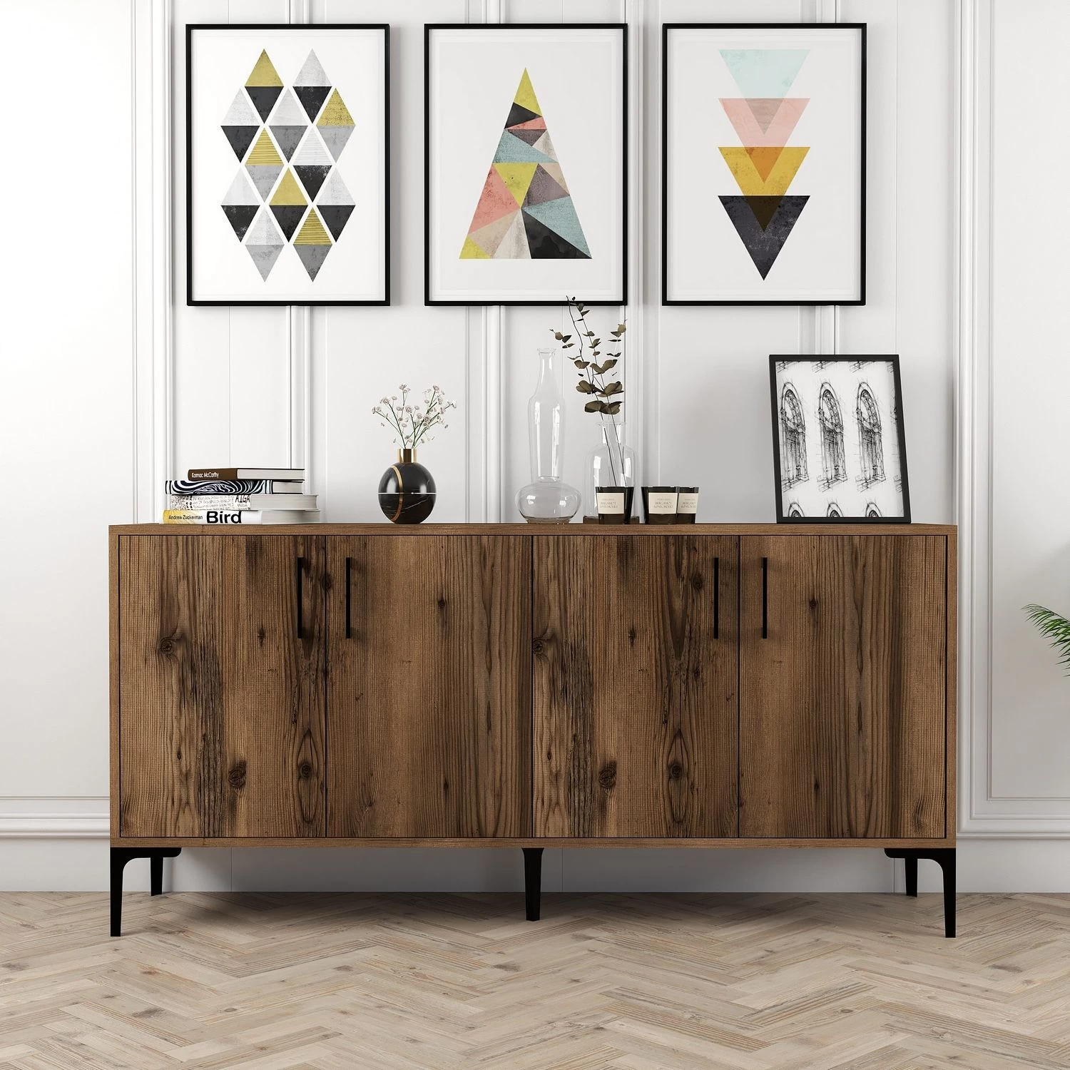 Wood Fashion Console | 100% Melamine | Metalen Poten | Notenhout 1 Wood Fashion Console | 100% Melamine | Metalen Poten | Notenhout