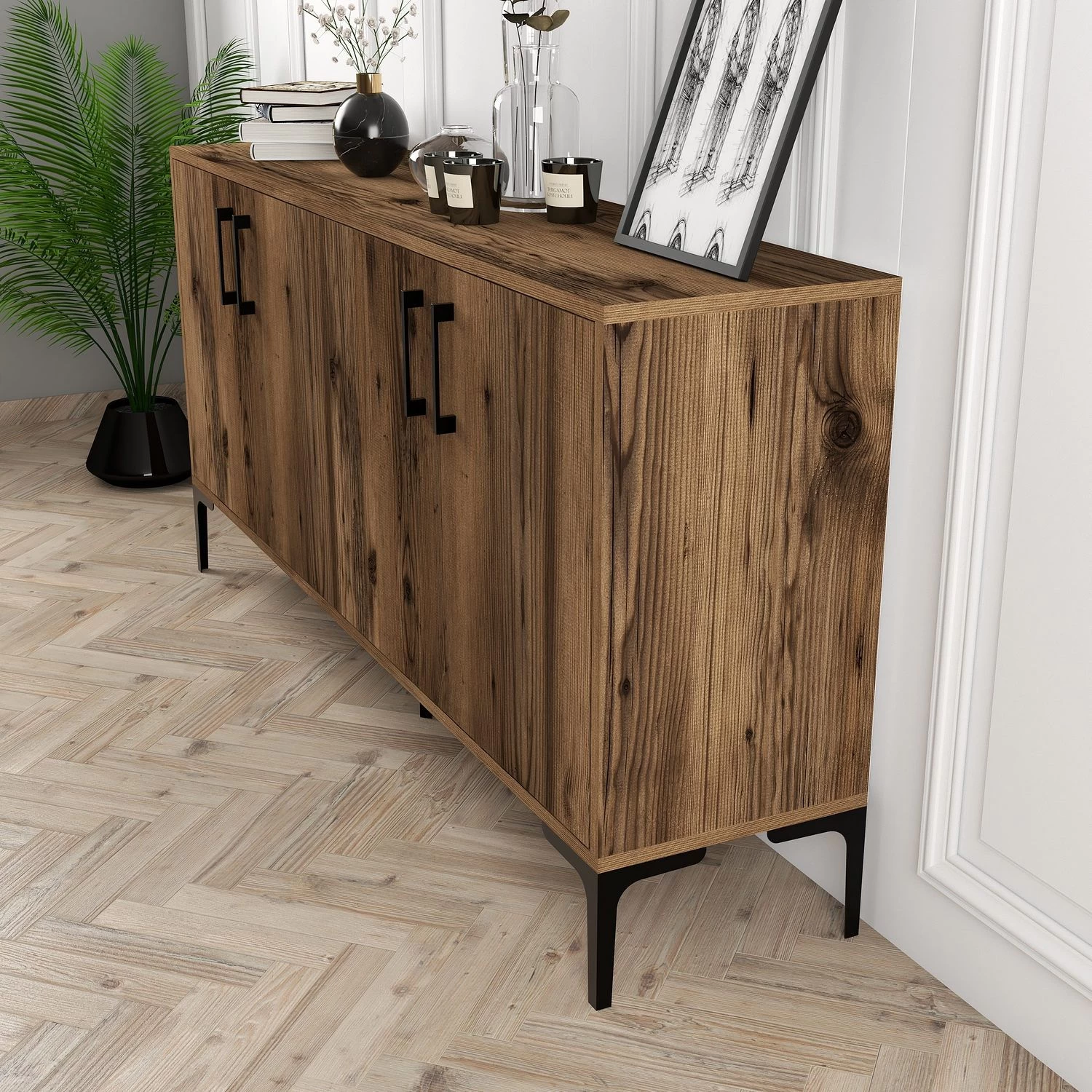 Wood Fashion Console | 100% Melamine | Metalen Poten | Notenhout 5 Wood Fashion Console | 100% Melamine | Metalen Poten | Notenhout - Afbeelding 5