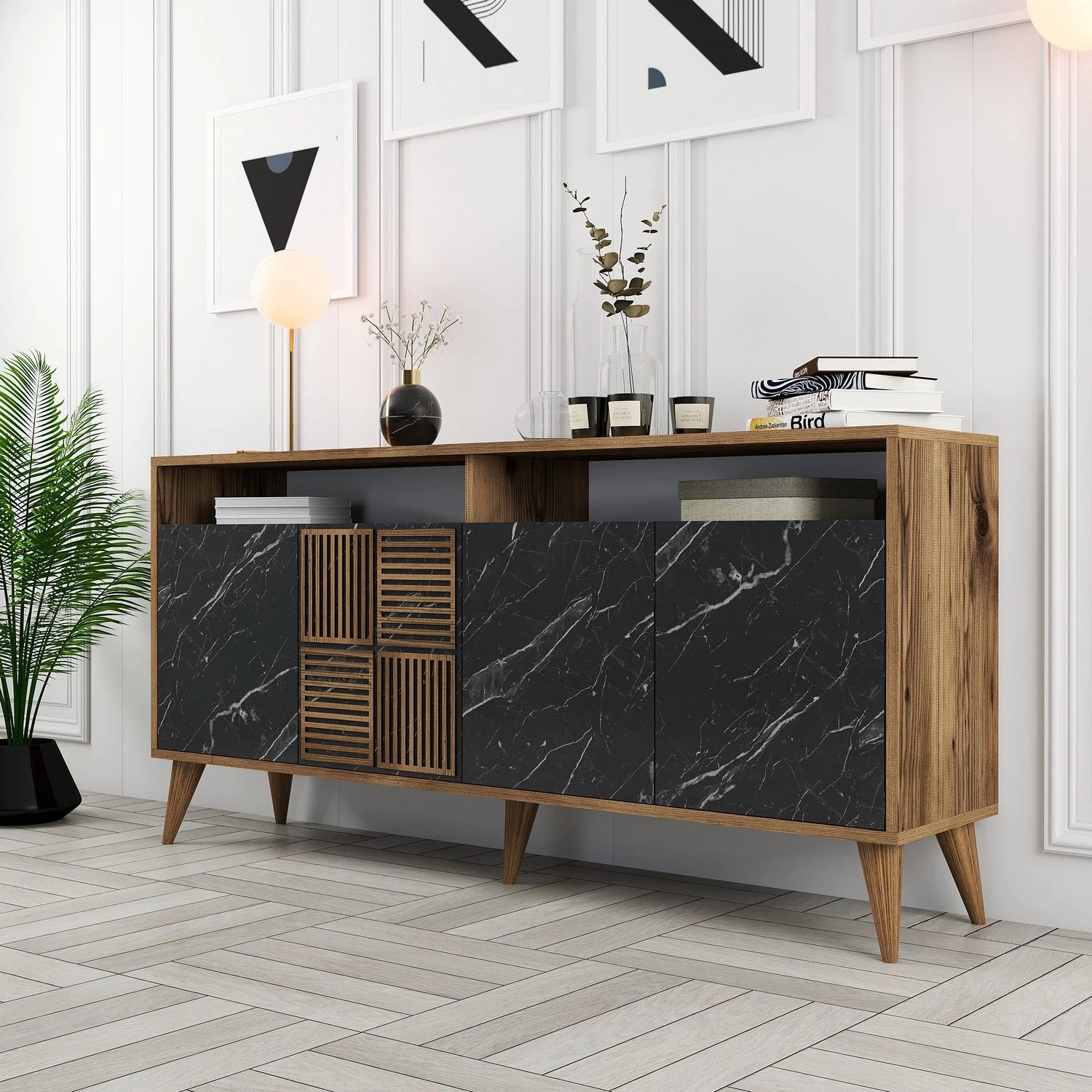 Houten Console In Walnoot Zwart Marmer Afwerking 7 Houten Console In Walnoot Zwart Marmer Afwerking - Afbeelding 7