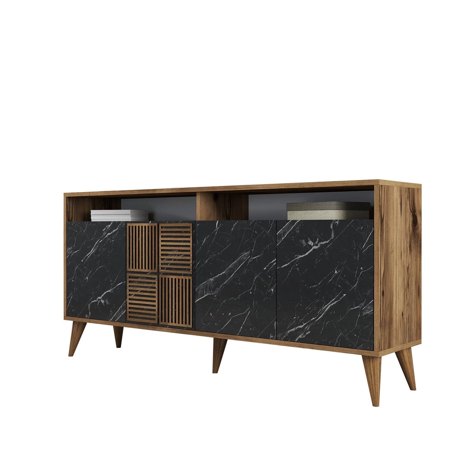 Houten Console In Walnoot Zwart Marmer Afwerking 2 Houten Console In Walnoot Zwart Marmer Afwerking - Afbeelding 2
