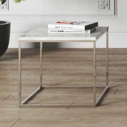 Bijzettafel Gleam 50x50 - Wit Marmer/chroom