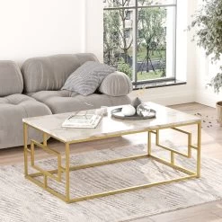 Locelso Salontafel | Metalen Poten | 100% Melamine | Wit Marmer Goud