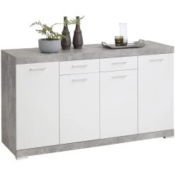 FMD Dressoir Cristal 160x90x50 - Beton/wit -Collectie Woonkamermeubels Bristol 4 XL Beton LA Wei Edelglanz uitgesneden 6683