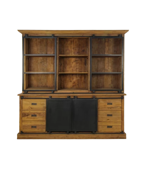 Vitrinekast Blackburn 220cm 2 Deuren & 6 Lades - Teak 1 Vitrinekast Blackburn 220cm 2 Deuren & 6 Lades - Teak