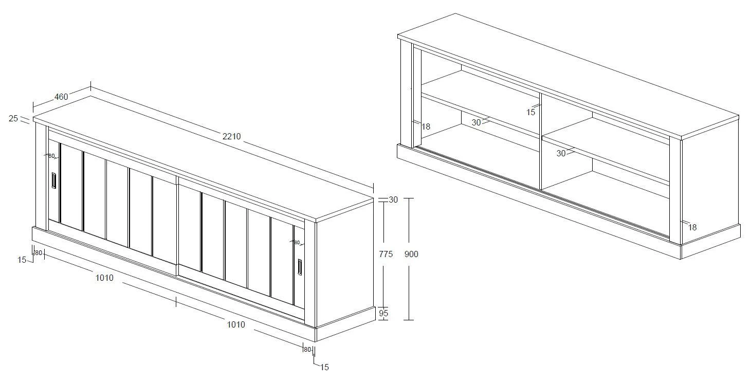 Dressoir Eddy 221cm 2 Schuifdeuren - Eik 2 Dressoir Eddy 221cm 2 Schuifdeuren - Eik - Afbeelding 2