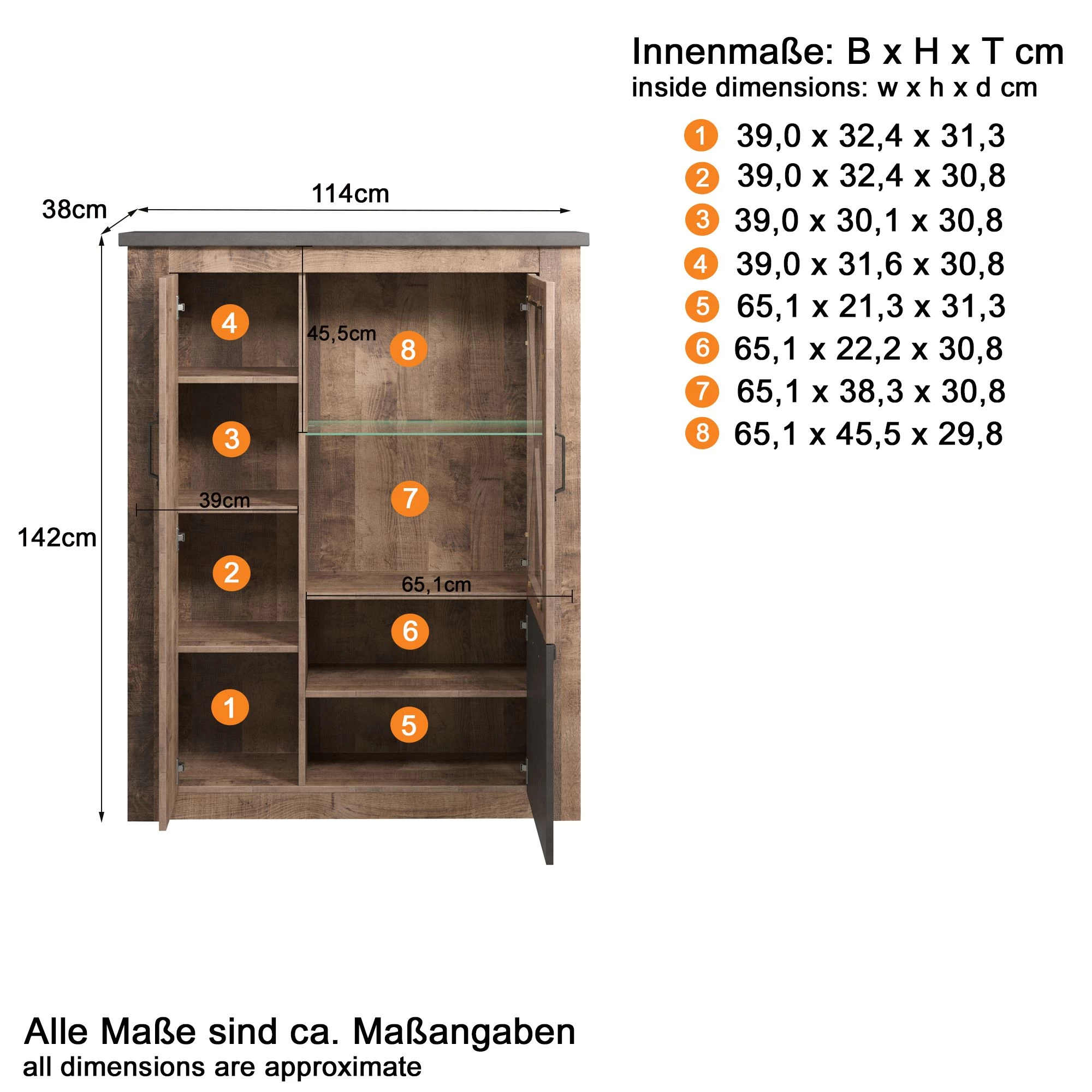 Vitrinekast Georgia | 114 X 38 X 142 Cm | Tobacco-Brown Oak-decor 2 Vitrinekast Georgia | 114 X 38 X 142 Cm | Tobacco-Brown Oak-decor - Afbeelding 2
