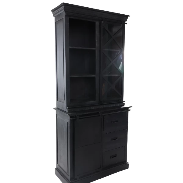 Vitrinekast Melbourne 95x45x195cm 3 Deuren & 3 Lades Mangohout - Zwart 1 Vitrinekast Melbourne 95x45x195cm 3 Deuren & 3 Lades Mangohout - Zwart