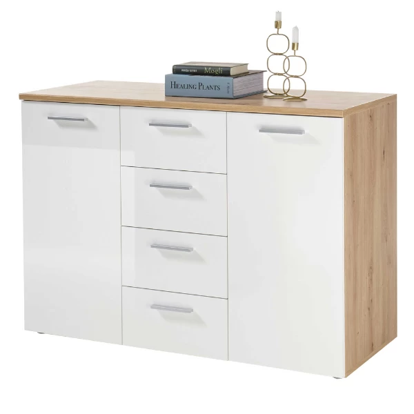 Commode Lobi 2 Deuren 4 Lades - Glanzend Wit/hout 1 Commode Lobi 2 Deuren 4 Lades - Glanzend Wit/hout
