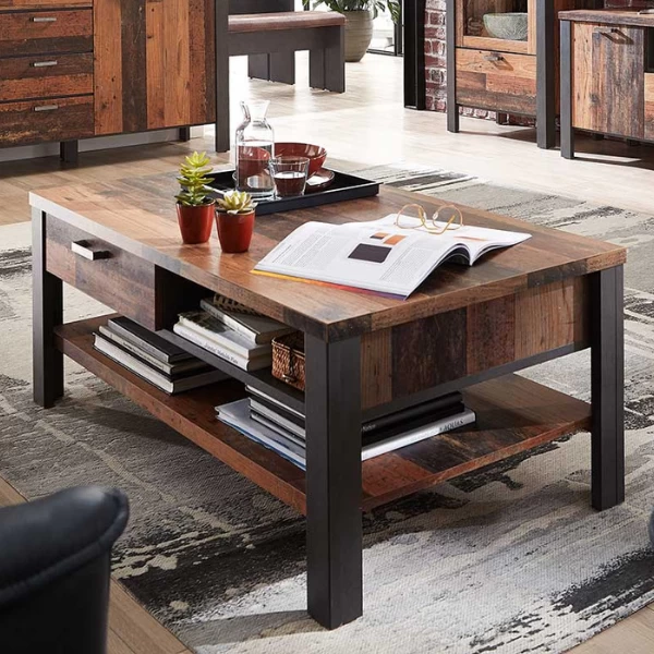 Salontafel Carthago 110x65cm 2 Lades - Oud Hout/antraciet 1 Salontafel Carthago 110x65cm 2 Lades - Oud Hout/antraciet