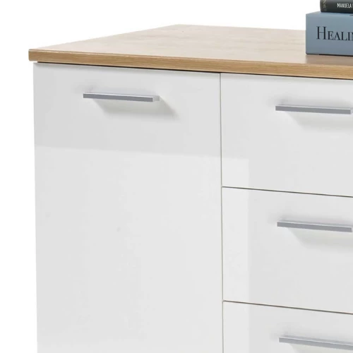 Commode Lobi 2 Deuren 4 Lades - Glanzend Wit/hout 2 Commode Lobi 2 Deuren 4 Lades - Glanzend Wit/hout - Afbeelding 2