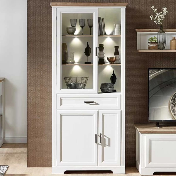 Vitrinekast Samine 93cm 3 Deuren & 1 Lade - Wit/eik 1 Vitrinekast Samine 93cm 3 Deuren & 1 Lade - Wit/eik