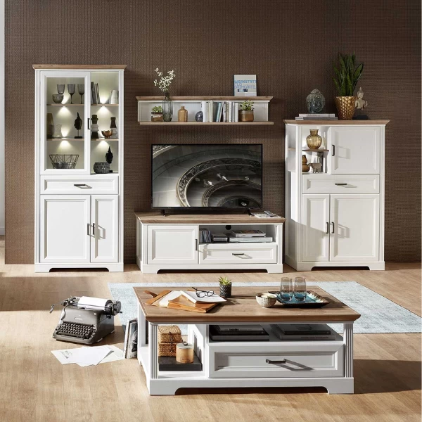 Vitrinekast Samine 93cm 3 Deuren & 1 Lade - Wit/eik 3 Vitrinekast Samine 93cm 3 Deuren & 1 Lade - Wit/eik - Afbeelding 3