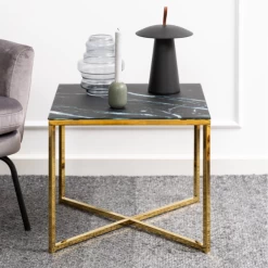 Bijzettafel Alisma 50x50 Cm - Goud/Marquina-marmer
