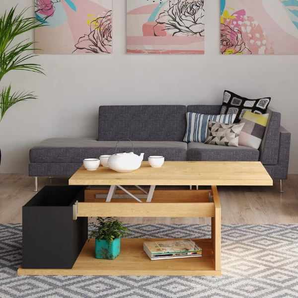 Salontafel Otawa 90x55 Cm Met Uitschuifbaar Tafelblad - Eik/ Zwart 2 Salontafel Otawa 90x55 Cm Met Uitschuifbaar Tafelblad - Eik/ Zwart - Afbeelding 2