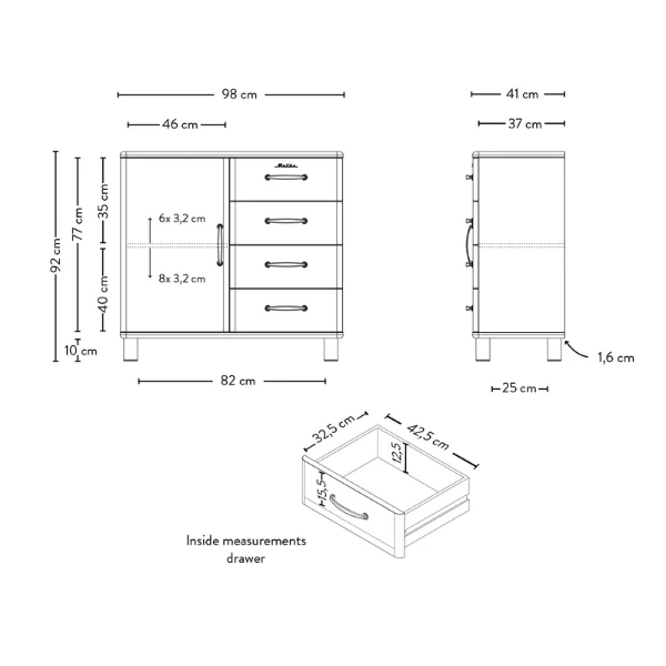 Bijzetkastje Malibu 1 Deur 4 Lades - Wit 2 Bijzetkastje Malibu 1 Deur 4 Lades - Wit - Afbeelding 2