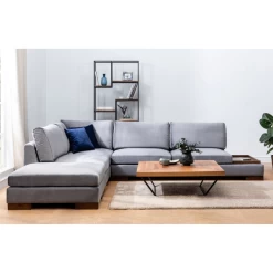 Comfortabele En Stijlvolle Hoekbank Met Notenhouten Poten Donkergrijs