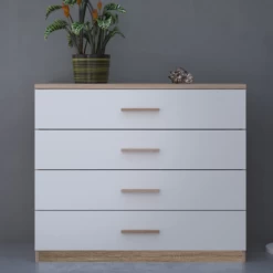 Ladekast Seliena 4 Lades-Geborstelde Eik/mat Wit