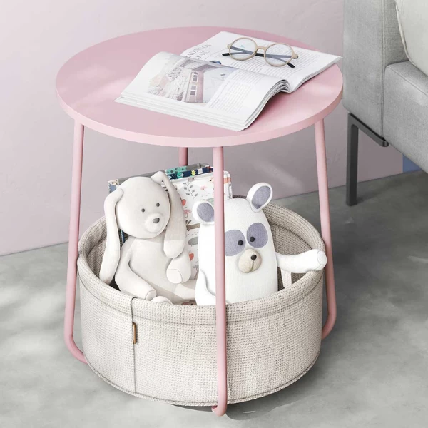 Bijzettafeltje Met Mandje Zoë ø45cm - Roze/wit 1 Bijzettafeltje Met Mandje Zoë ø45cm - Roze/wit