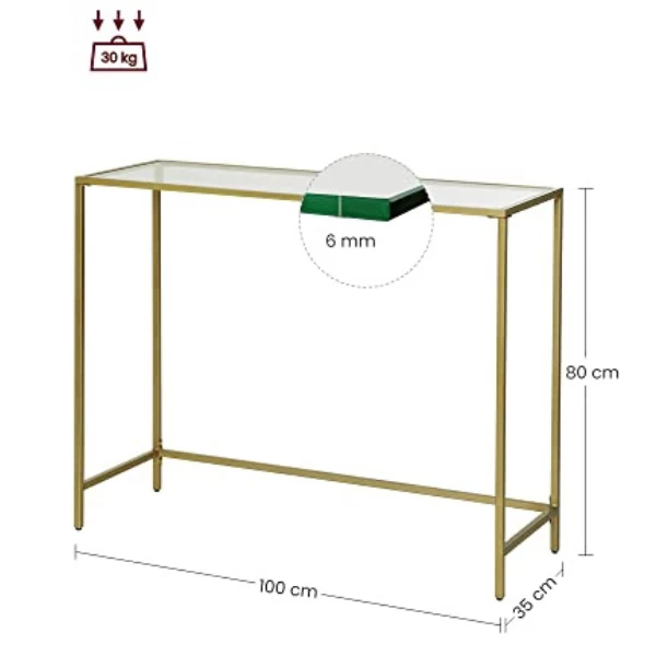 Moderne Gouden Console Tafel Met Gehard Glas, Metalen Frame, Stevig, Verstelbare Voeten 6 Moderne Gouden Console Tafel Met Gehard Glas, Metalen Frame, Stevig, Verstelbare Voeten - Afbeelding 6
