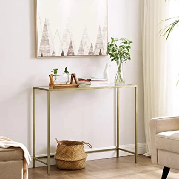Moderne Gouden Console Tafel Met Gehard Glas, Metalen Frame, Stevig, Verstelbare Voeten 2 Moderne Gouden Console Tafel Met Gehard Glas, Metalen Frame, Stevig, Verstelbare Voeten - Afbeelding 2