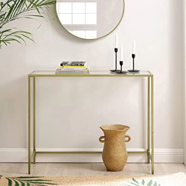 Moderne Gouden Console Tafel Met Gehard Glas, Metalen Frame, Stevig, Verstelbare Voeten 3 Moderne Gouden Console Tafel Met Gehard Glas, Metalen Frame, Stevig, Verstelbare Voeten - Afbeelding 3