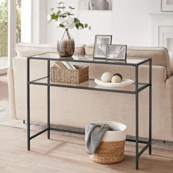 Moderne Consoletafel Met Stalen Frame En Gehard Glazen Planken, Voor Woonkamer/hal 1 Moderne Consoletafel Met Stalen Frame En Gehard Glazen Planken, Voor Woonkamer/hal